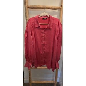 Meritt Women's 3X Hot Pink Satin Button Up Balloon Sleeve Shirt